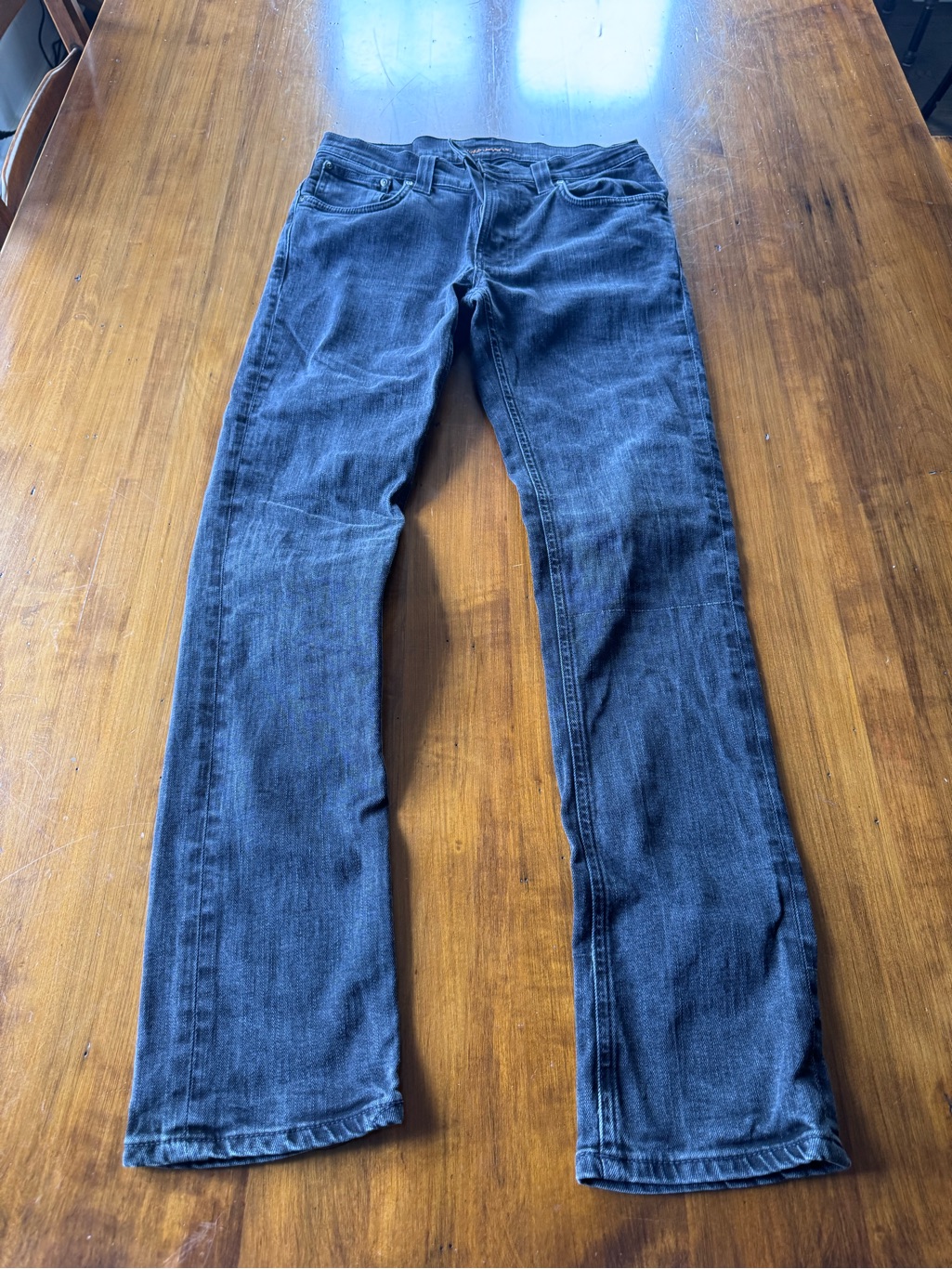 Nudie Jeans Grey Denim With Orange Logo Stitching